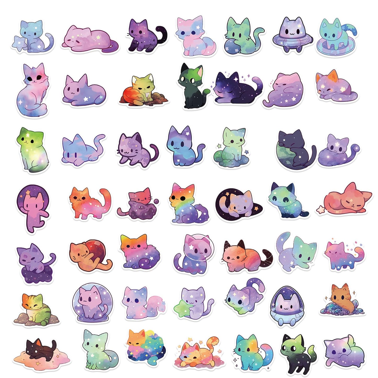 50Pcs Cartoon Rainbow Starry Sky Cat Stickers For Kids, Cartoon Theme Stickers, Vinyl Waterproof Stickers For Adults Funny Decals Stickers For Water Bottle Gifts Stuff For Computer Laptop (Cat)