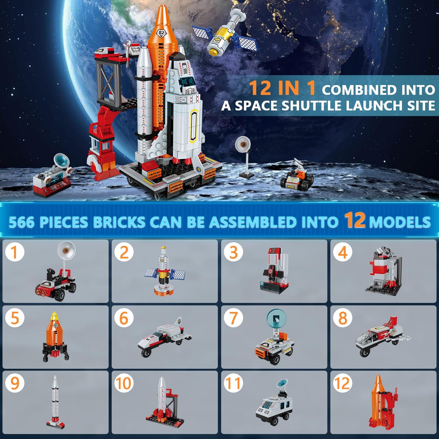 WEMEMORN Space Exploration Shuttle Rocket Toy - 12-in-1 STEM Building Blocks Kit, 566 Pieces, Multicolor, for Ages 6-12
