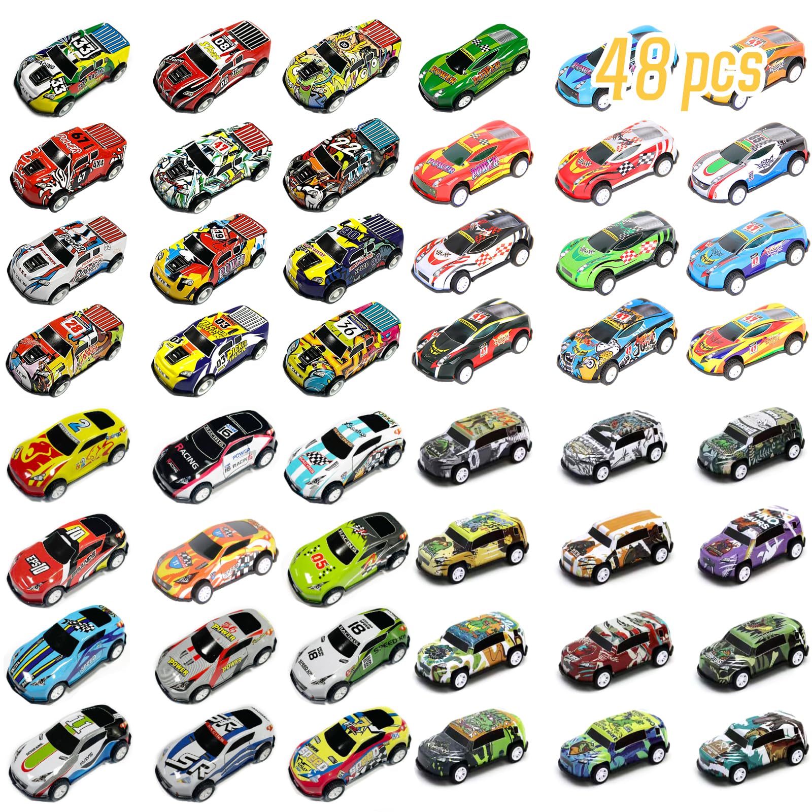 FBDCYIA 48Pcs Random Pull Back Toy Cars for Boys Girls Toddlers 3,4,5,6 Years Old, Mini Die-Cast Race Cars Vehicles Bulk, Party 