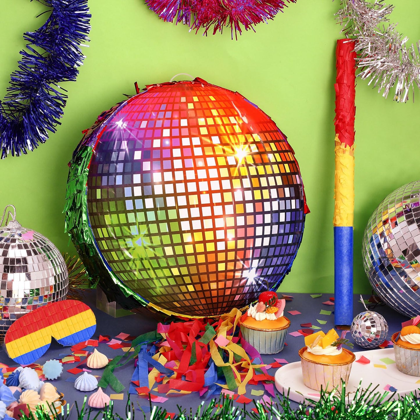 Aoriher Disco Party Pinata - Roller Skating Design, Rainbow Cardboard, Includes Blindfold, Stick, Confetti for 80s 90s Themed Events
