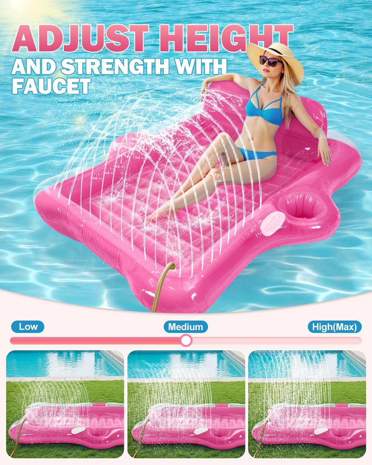 Snowalva Inflatable Tanning Pool Lounger Float, 72"x61", Pink, PVC, Model FY033, 5-in-1 Sunbathing Raft for Pool Party & Summer Fun