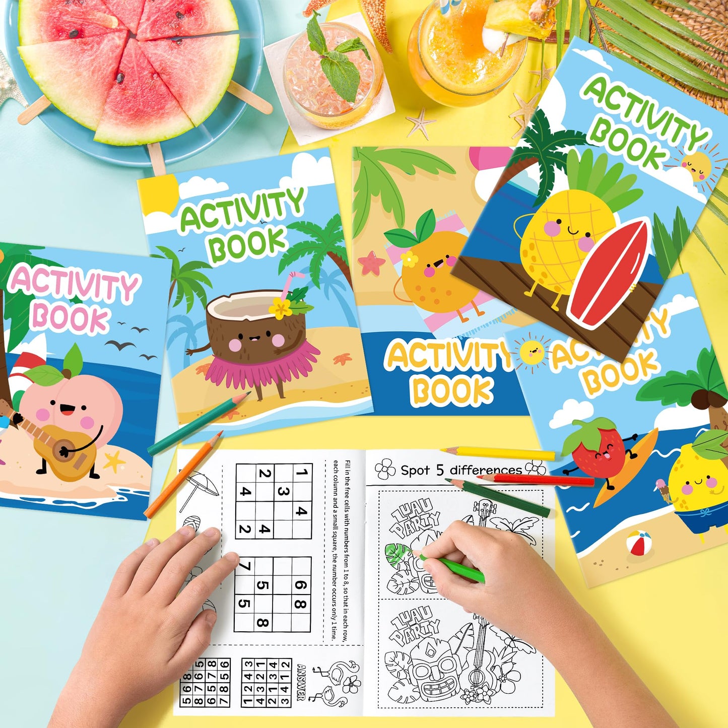 X1Zuue Summer Activity Books For Kids - 24Pcs Coloring Fruits Books Set Bulk Summer Tropical Search Mazes Word Scramble Games Mi