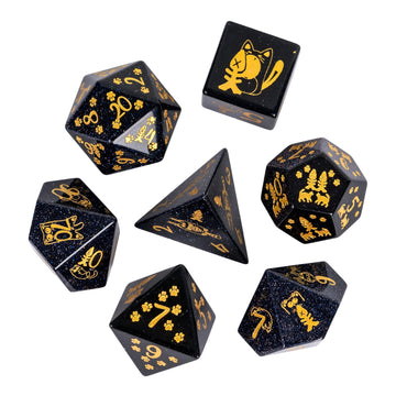 UDIXI Gemstone DND Dice Set Blue Sandstone Dice with Cute Cat Pattern, Stone Dice for Dungeons and Dragons Tabletop Game