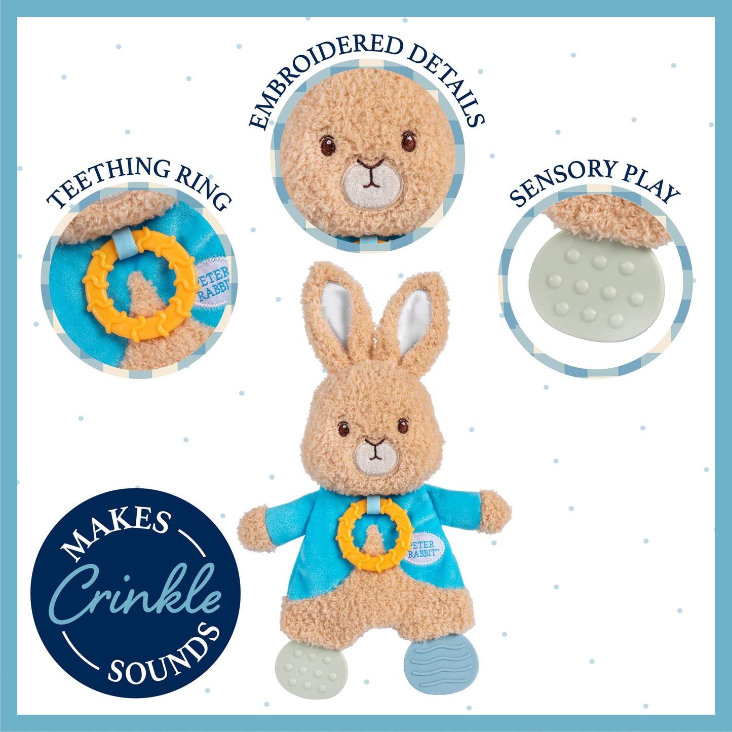 Kids Preferred Beatrix Potter Peter Rabbit Flat Sensory Blanky Interactive Baby Teether Toy With Crinkle Sounds, Soft Textures,