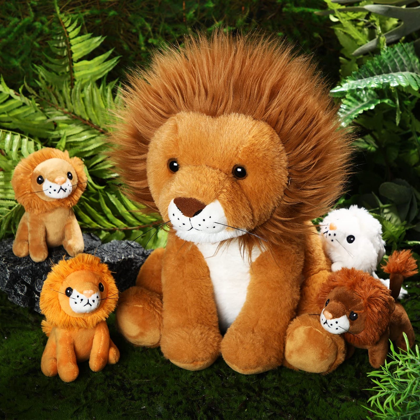 Honoson 5 Pcs Lion Plush Set Large Lion Stuffed Animal With 4 Cute Baby Lions In His Zippered Back Soft Cuddly Lion Plushie Boys
