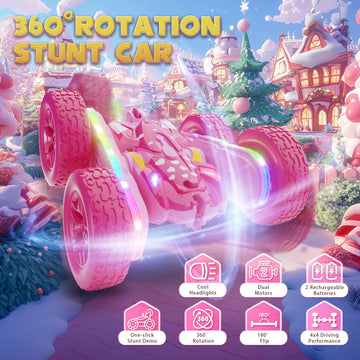 Terucle Remote Control Car for Girls, New Pink RC Cars Stunt RC Car Girl Toys for Girls Double-Sided 360 Rotating with Headlight