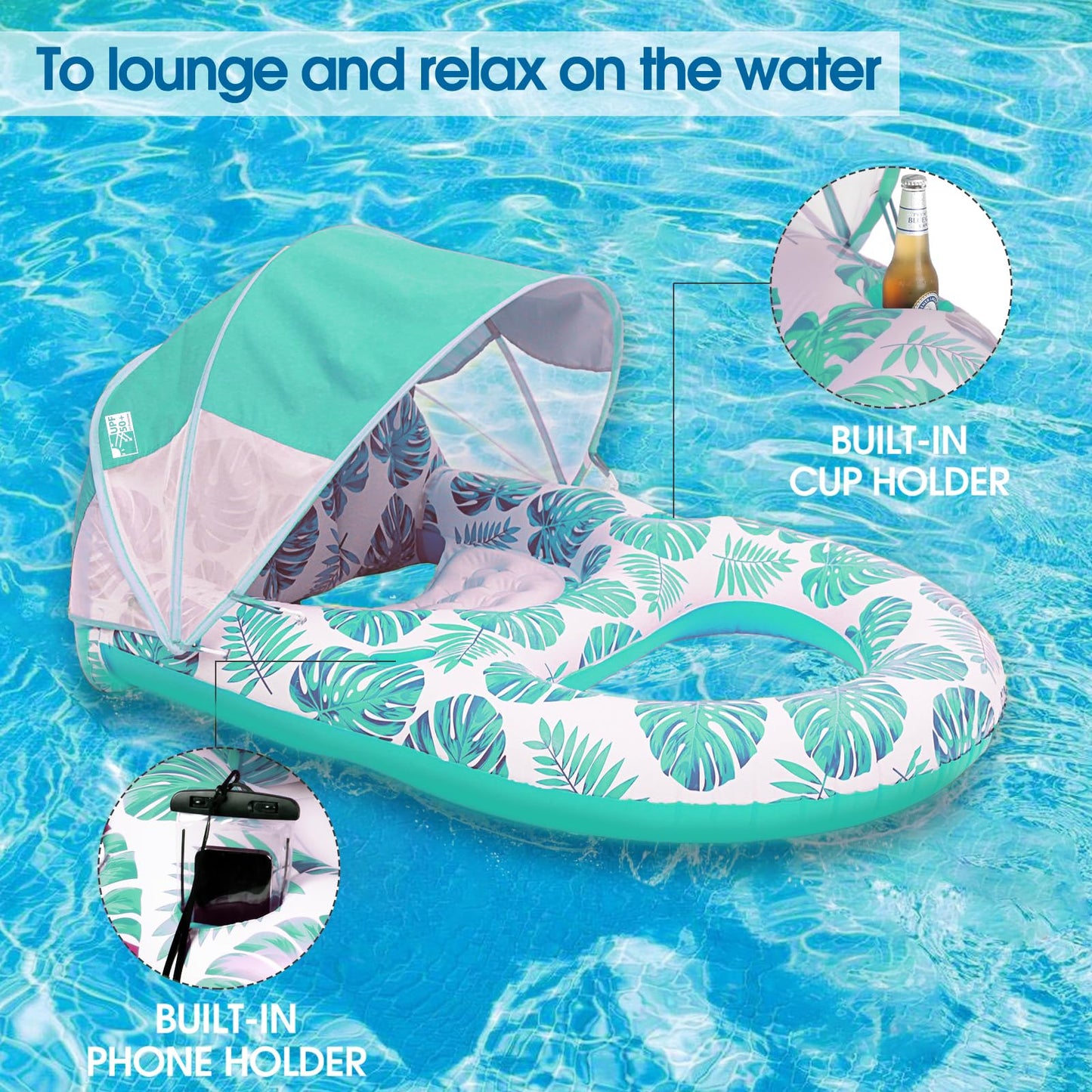 Coolcooldee Pool Lounge Float With Canopy Upf50+,Extra Large Pool Floats For Adults Heavy Duty,Inflatable Lounger Float With Cup Holder & Backrest,Footrest(Green)