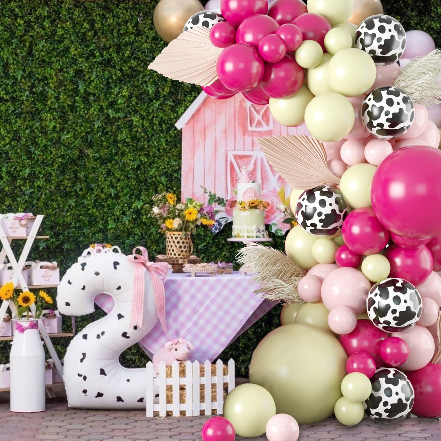 Gresatek Cowgirl Pink Balloon Garland Arch Kit, Rose Red Macaroon Yellow Balloons Decorations With Cow Printed Latex For Girls B