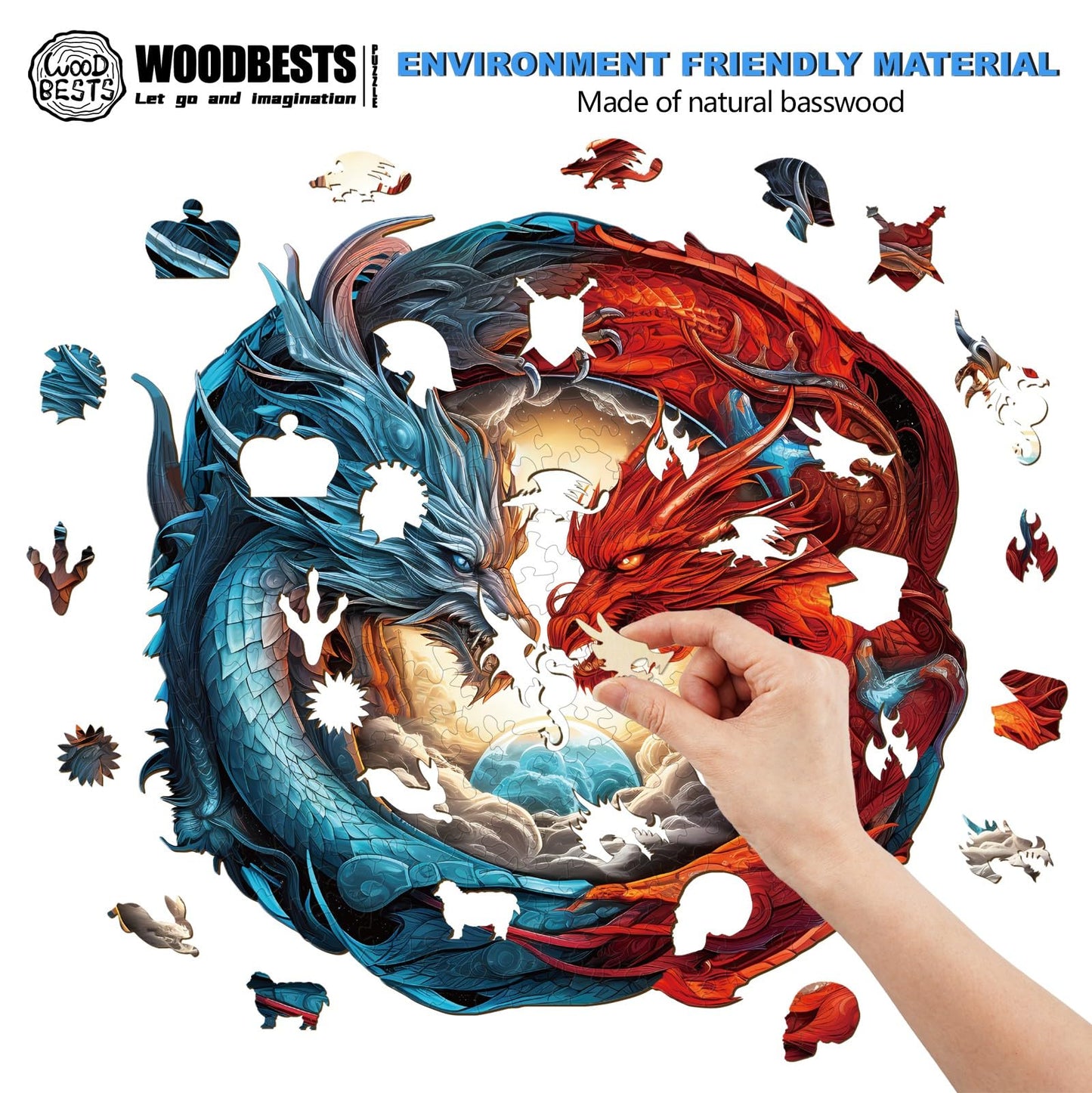 Woodbests Wooden Puzzle For Adults, Yin-Yang Dragon Puzzle (S, 100Pcs, 8.5''X8.1'') Beautiful Wooden Box, Wooden Jigsaw Puzzles