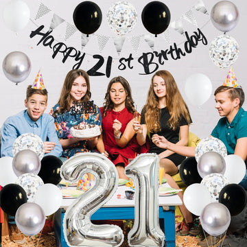 21St Birthday Decorations For Him Her, Happy 21St Birthday Banner With Black Silver White 21St Birthday Balloons Birthday Cake T