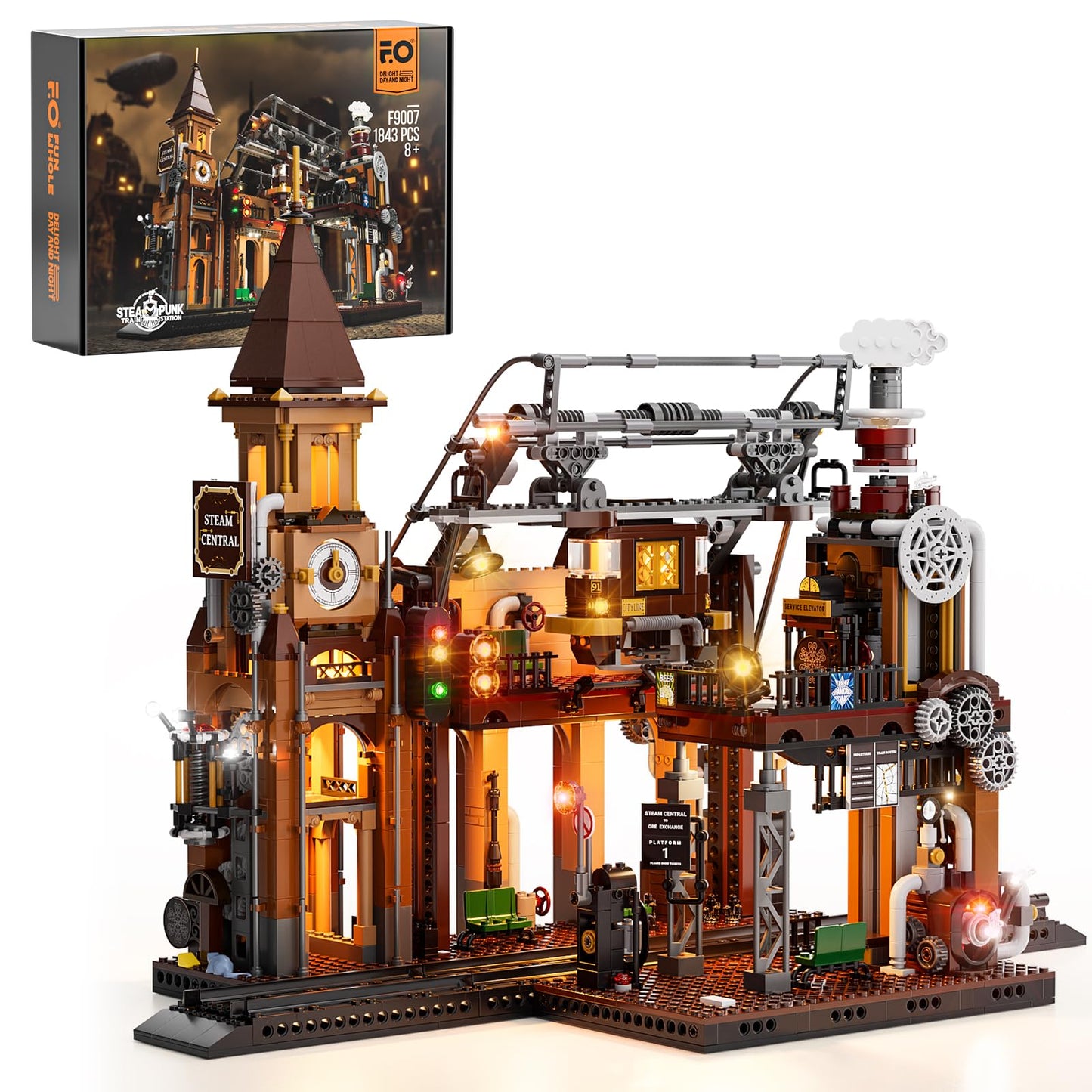 Funwhole Train-Station Lighting Building Bricks Set - Steampunk Led Light Building Set 1843 Pieces For Adults And Teens