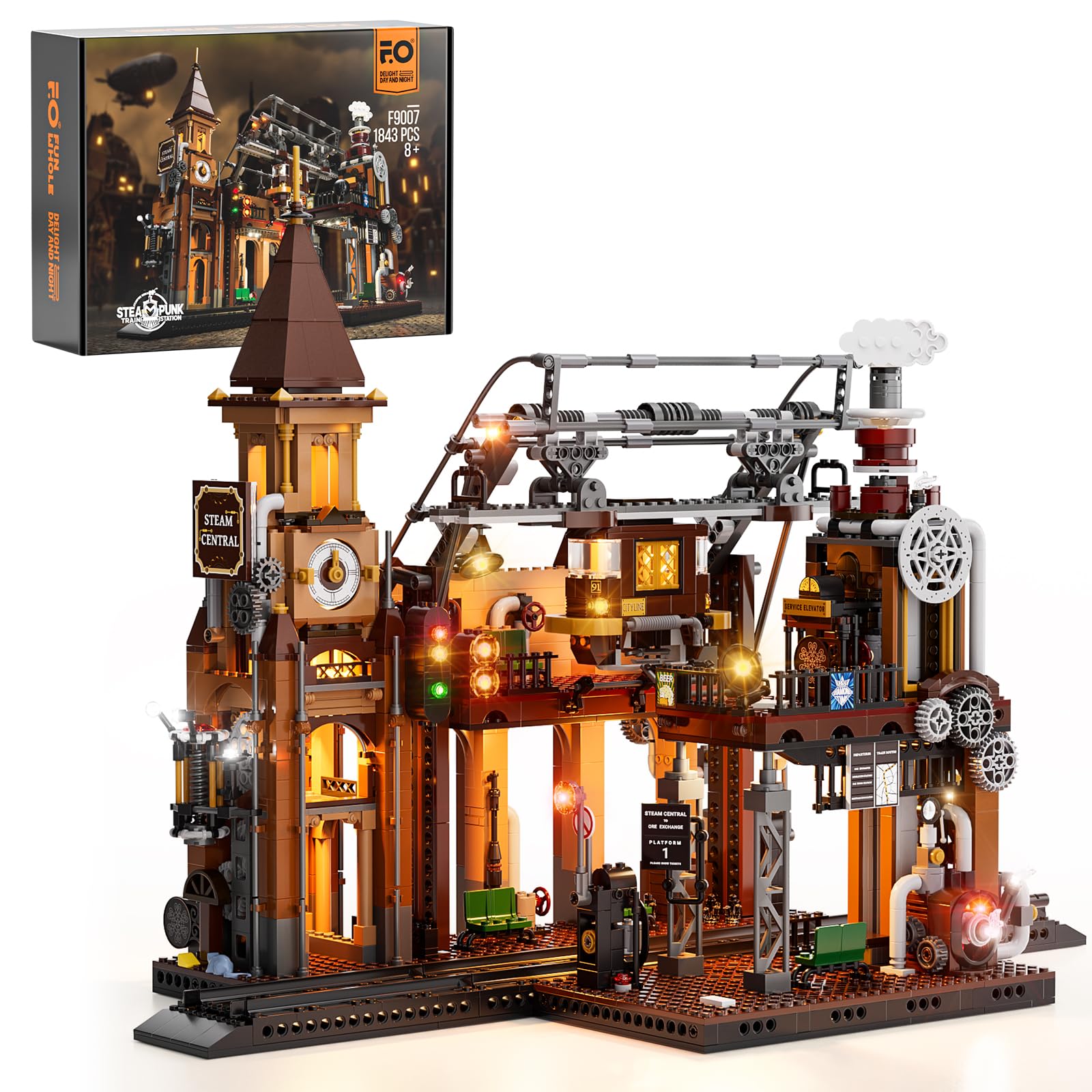 Funwhole Train-Station Lighting Building Bricks Set - Steampunk Led Light Building Set 1843 Pieces For Adults And Teens