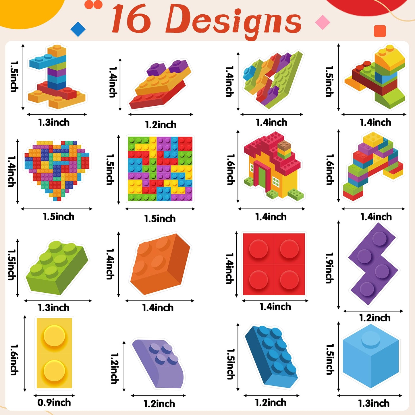 Unbess 1000Pcs Block Stickers For Kids, 2 Roll Colorful Bricks Paper Self Adhesive Heart House Decal Peel And Stick Removable To