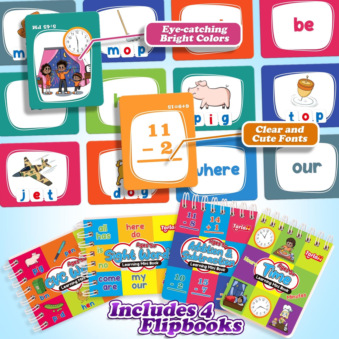 Torlam Kindergarten Learning Books, Sight Words Cvc Word Games Addition Subtraction Math Facts Telling Time Teaching Learning Clock For Kids Flipbook, Educational Kindergarten Learning Activities