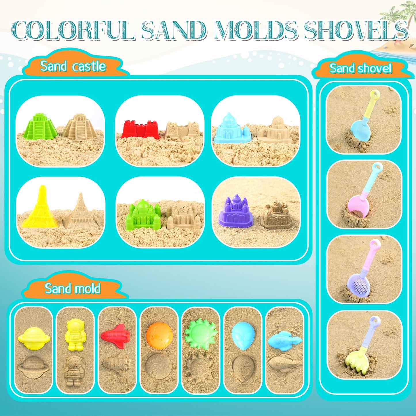 Oun Nana Beach Toys, 21 PCS Sand Toys for Kids, Sandbox Toys with Collapsible Beach Buckets and Shovels Set, Sand Castle Kit, Sa