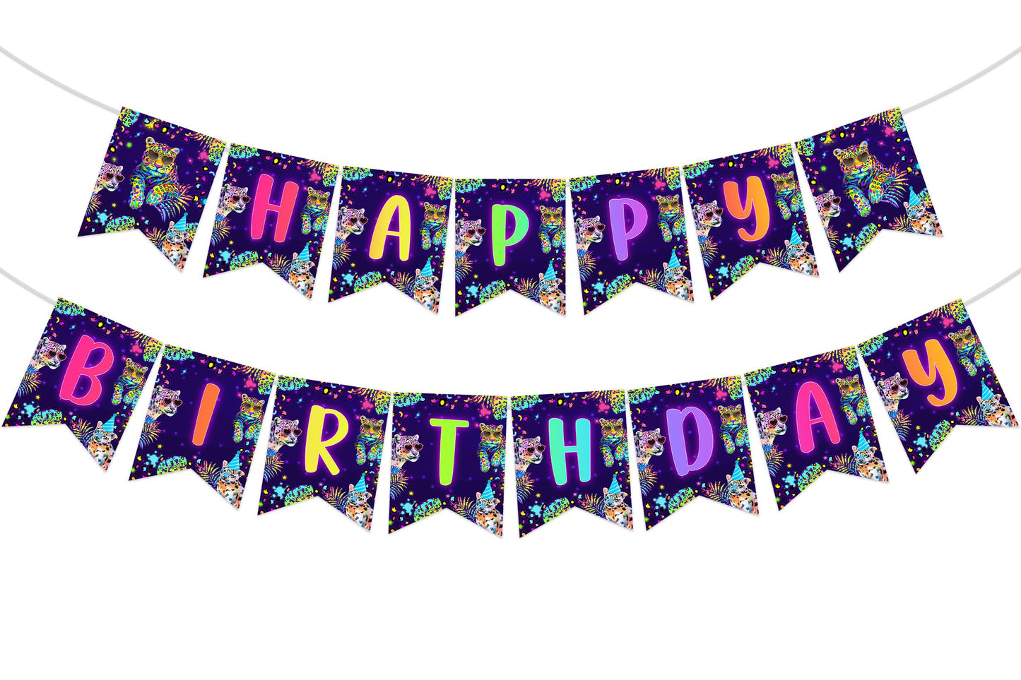Cheereveal Rainbow Cheetah Happy Birthday Banner - Leopard Print Birthday Bunting Garland Decorations for Boys Girls, Jungle Saf