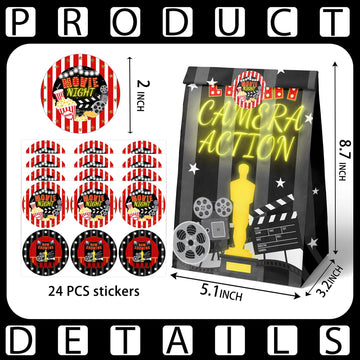 Hapibidesign Movie Night Party Favor Bags - 24 Pcs Movie Night Party Candy Bags With Stickers - Movie Night Goodie Gift Treat Ba