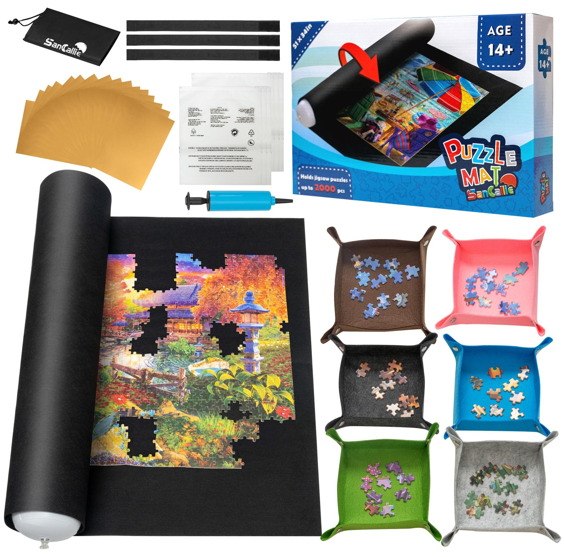 Sancaliie Jigsaw Puzzle Mat Roll Jigsaw Storage Felt Mat  Jigroll Up to 2 000 Pieces with 6 Colorful Trays  Jigsaw Puzzle Player  Gift Box with Drawstring Storage Bag  3 Elastic Band  Hand Pump