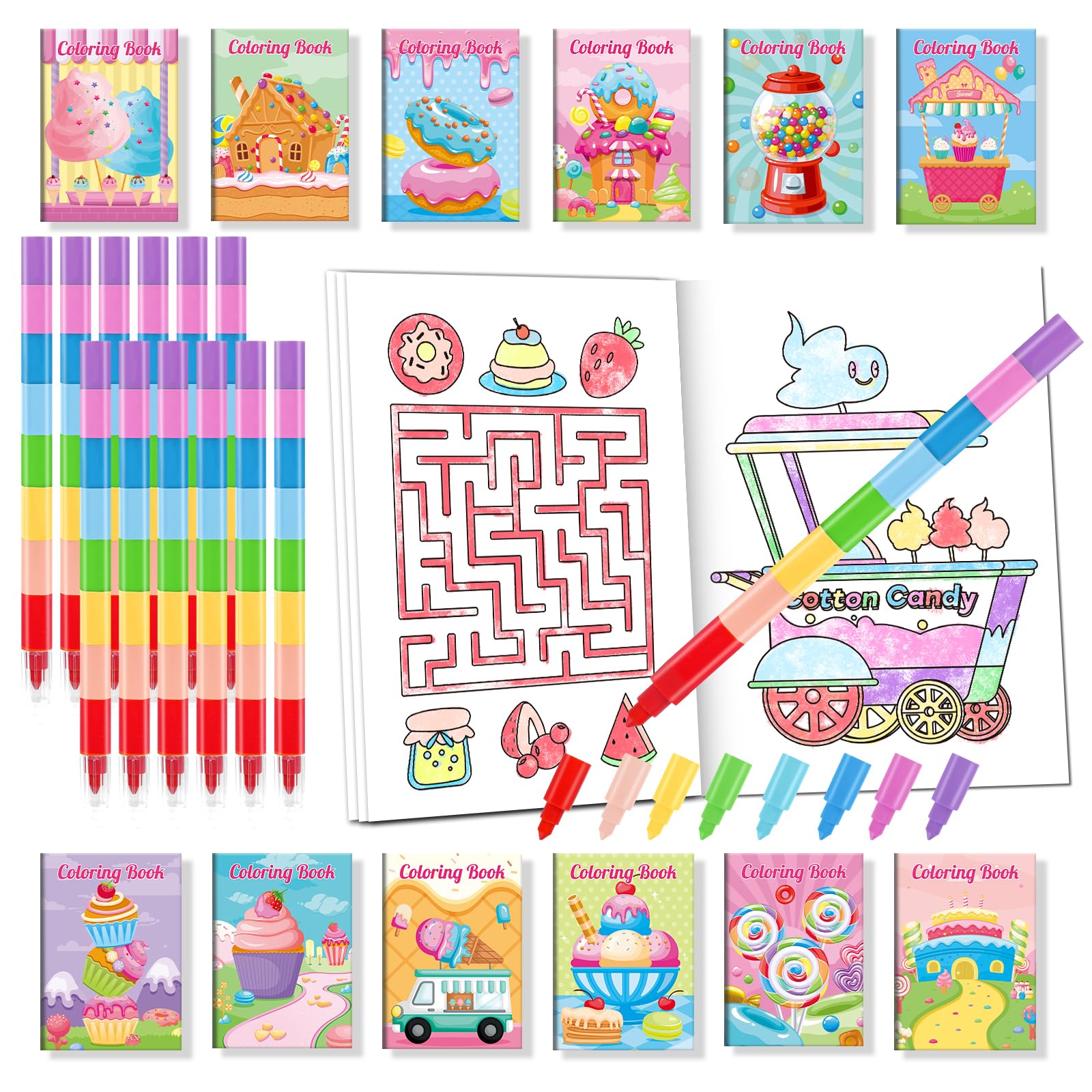 BenLouis 24 Sweet Mini Coloring Books Kids with 24 Stacking Crayons Candyland Donut Party Favors Activity Books Bulk for Kids Ic