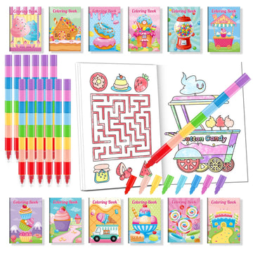 BenLouis 24 Sweet Mini Coloring Books Kids with 24 Stacking Crayons Candyland Donut Party Favors Activity Books Bulk for Kids Ic