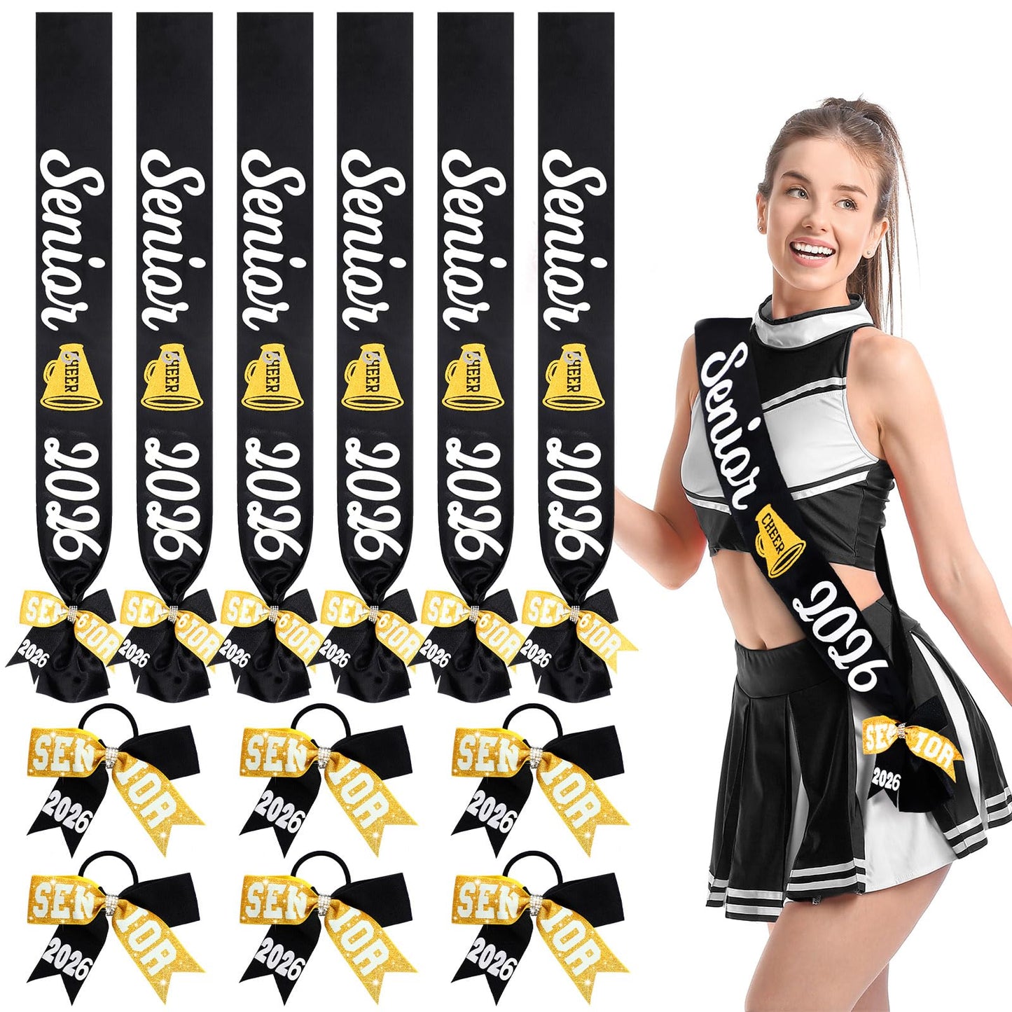Vinsatin 6 Set Senior Sash 2026 Sport Satin Sash Glitter Cheer Hair Bow Senior Night Decor Cheerleader Gift Girl(Black)