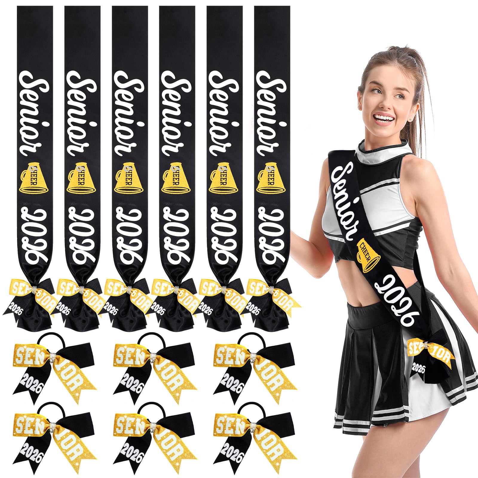 Vinsatin 6 Set Senior Sash 2026 Sport Satin Sash Glitter Cheer Hair Bow Senior Night Decor Cheerleader Gift Girl(Black)