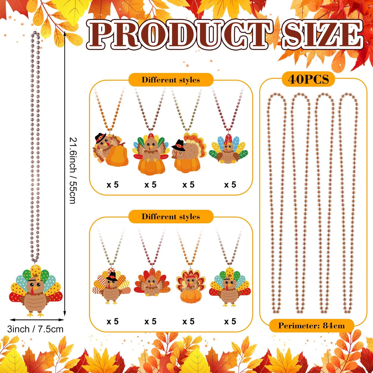 Knitgrip 80 Pieces Thanksgiving Turkey Beads Necklaces Bulk Turkey Pendant Beads Necklaces 32 Inch Party Holiday Pendants for We