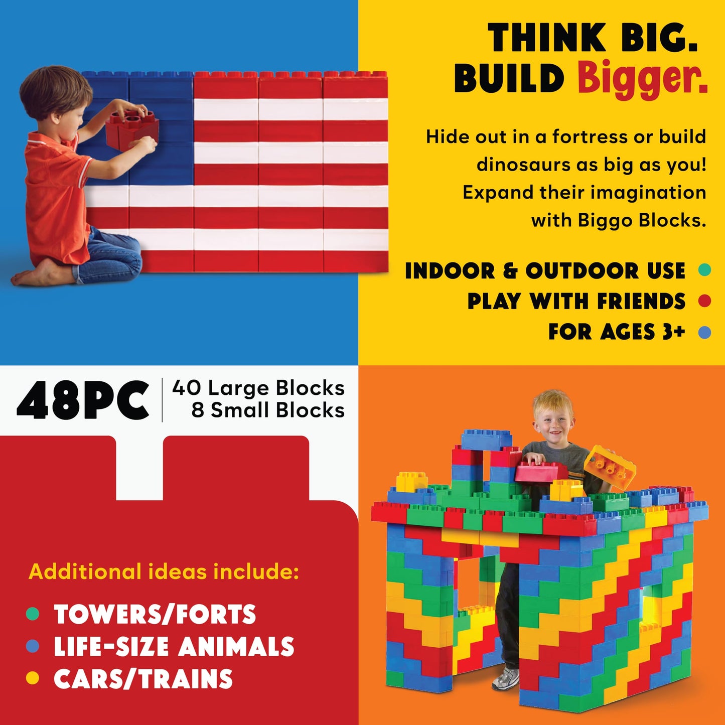 Big Blocks For Kids Ages 4-8 - Indoor & Outdoor Blocks Kids Games - Blue Large Building Blocks - 48 Pc
