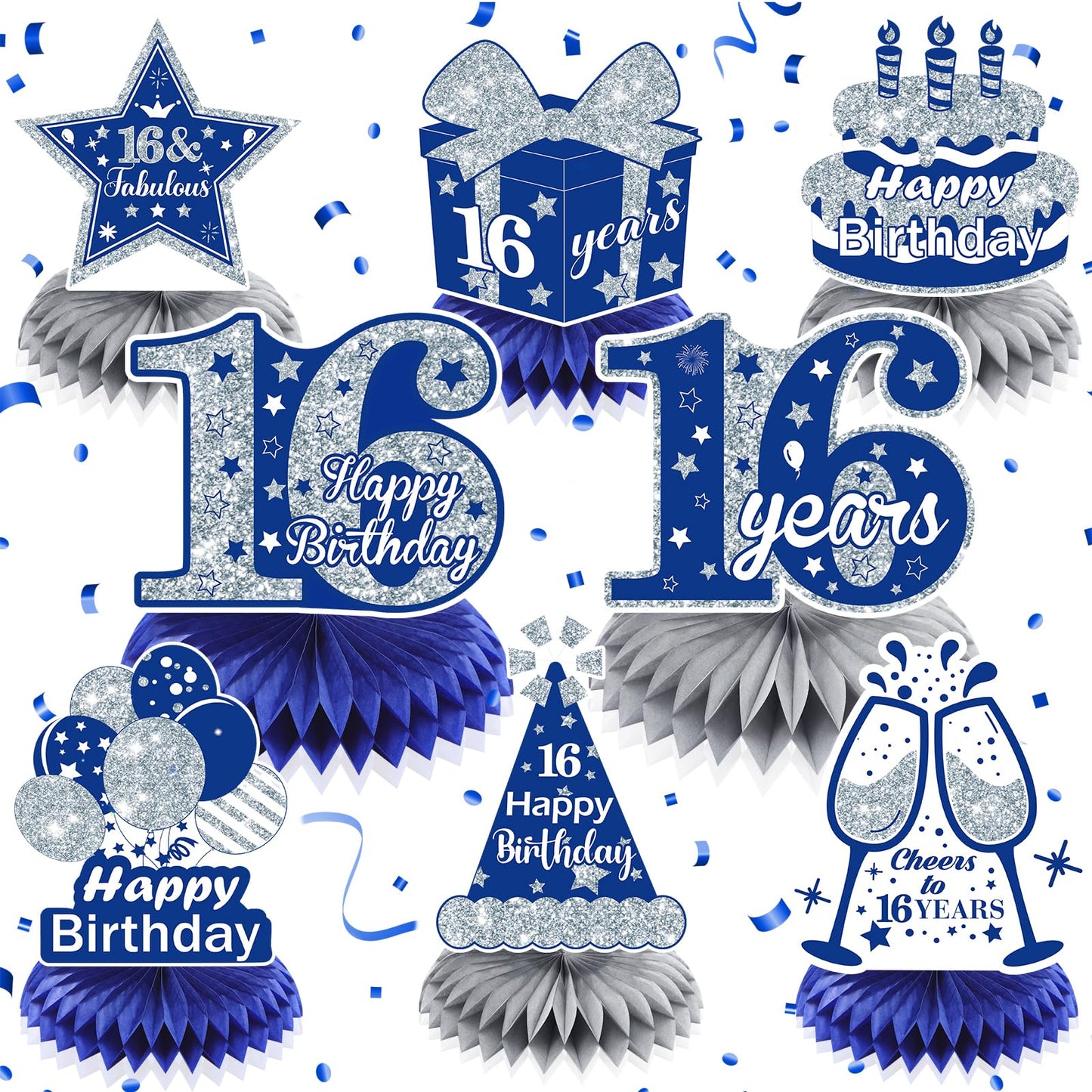 8Pcs Blue 16Th Birthday Decorations Navy Blue Silver Happy 16Th Birthday Table Honeycomb Centerpieces For Table Decor 16Th Birthday Table Topper For Boys Girls 16Th Birthday Anniversary Party Supplies
