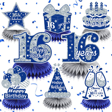 8Pcs Blue 16Th Birthday Decorations Navy Blue Silver Happy 16Th Birthday Table Honeycomb Centerpieces For Table Decor 16Th Birthday Table Topper For Boys Girls 16Th Birthday Anniversary Party Supplies