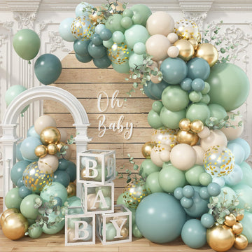 Jobkoo 122Pcs Dusty Blue Sage Green Balloon Garland Kit, Pastel Olive Green Slate Blue Beige Metallic Gold Confetti Balloon Arch