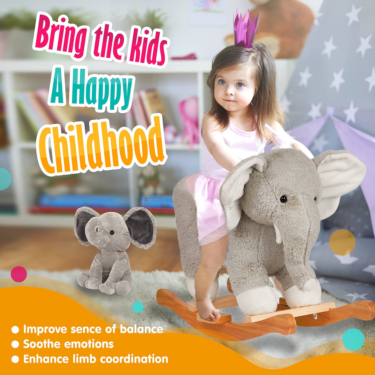 Specialyou Baby Rocking Horse Wooden Rockers With Seat Elephant Rocking Horse Ride Plush Stuffed Animals Toy -Set Of 2, Boy Girl Kids Ride On Toys For 10 Months To 3 Years Old, 25' Lx10 Wx16 H, Gray