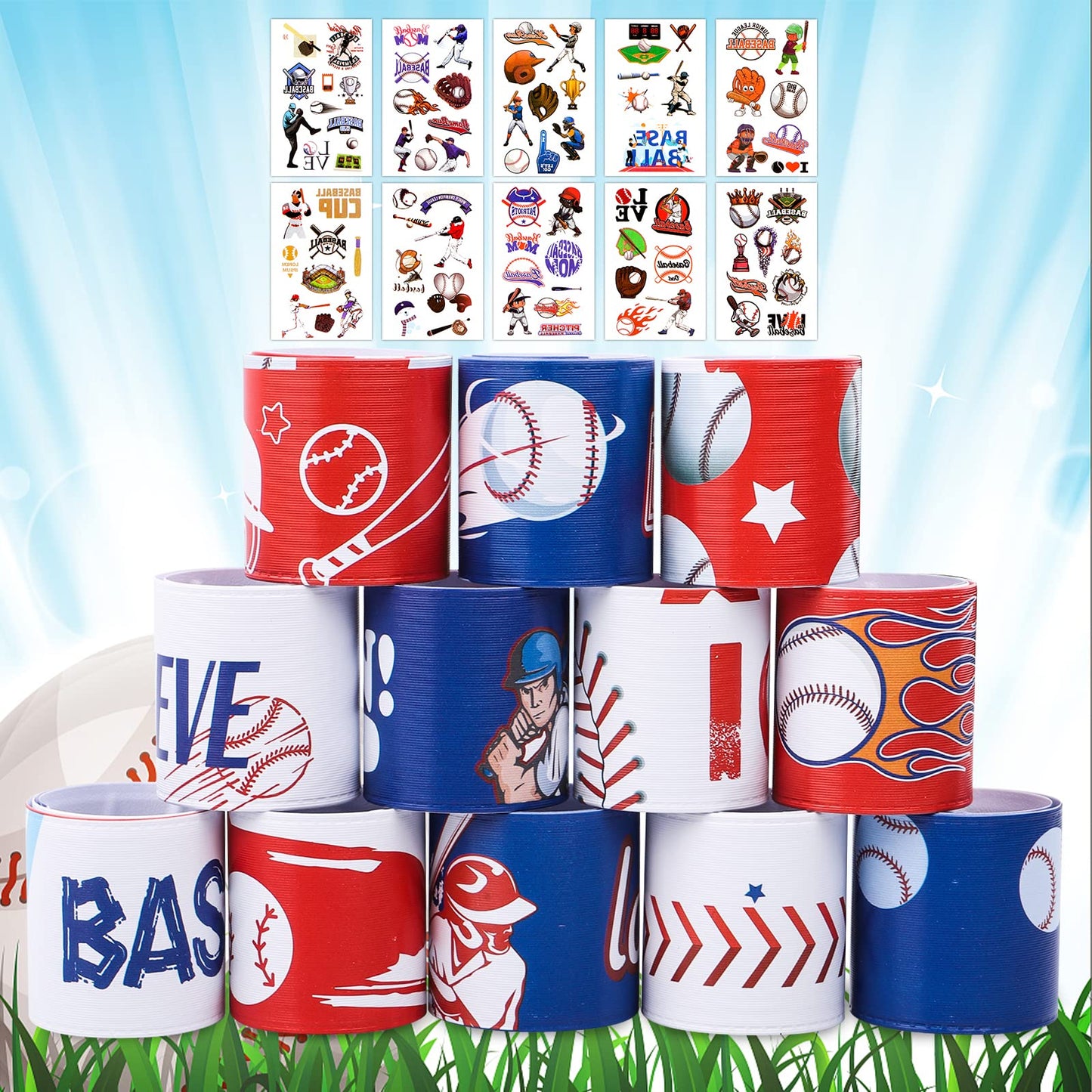 40Pcs Baseball Slap Bracelets Party Favors With Tattoo - Birthday Gifts and Party Decorations Snap Band for Kids Boys