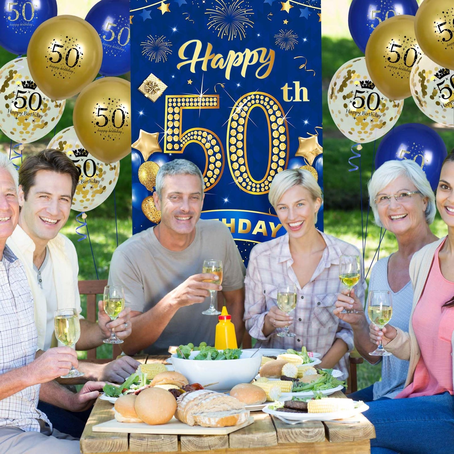 50Th Birthday Party Decorations For Men Navy Blue Gold Happy 50Th Birthday Banner With 18Pcs 50Th Balloons 50Th Door Cover Backdrop For Men Women Birthday Anniversary Party Sign Porch Decor Supplies
