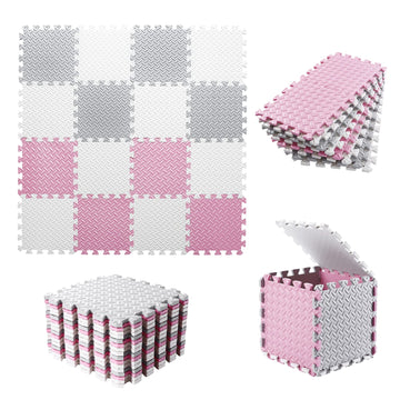 Tamiplay 16 Tiles Foam Play Mat, 0.4 Inch Thick Foam Interlocking Floor Mats, Soft Eva Baby Play Mat, Solid Colored Puzzle Play Mat Kids Floor Mats For Toddler With Storage Bag(White/Light Gray/Pink)