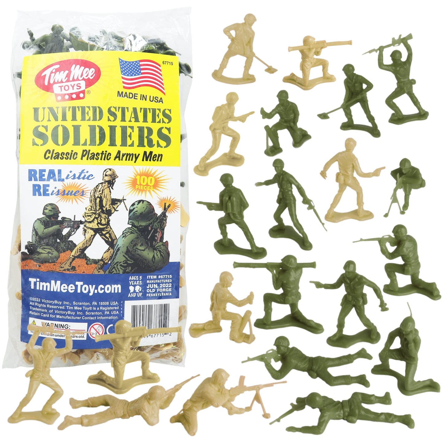 Tim Mee Toy Plastic Army Men - 100pc OD Green & Tan Toy Soldiers, LDPE Plastic, Model TM-06119