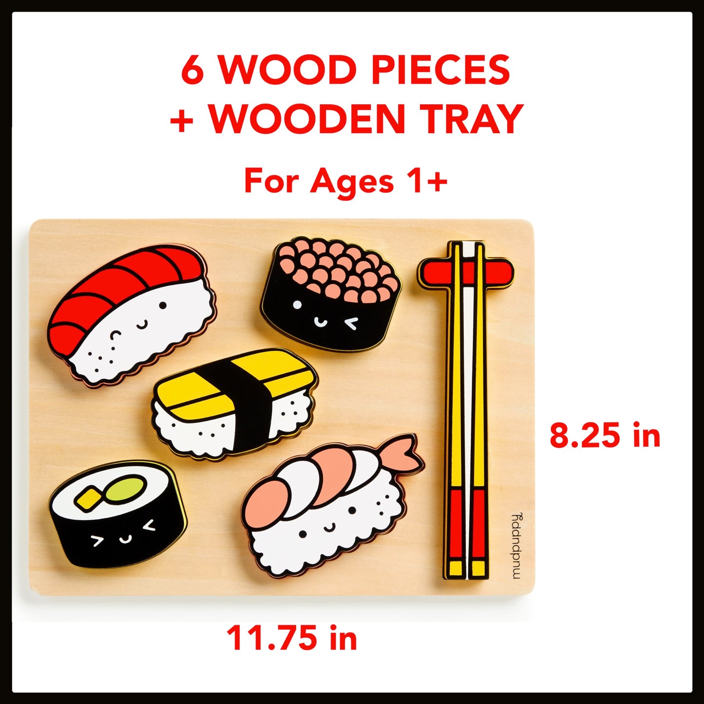 Mudpuppy Sushi Friends - Wooden Tray Puzzle with 6 Delicious Sushi Shaped Pieces and Plywood Tray for Babies and Toddlers