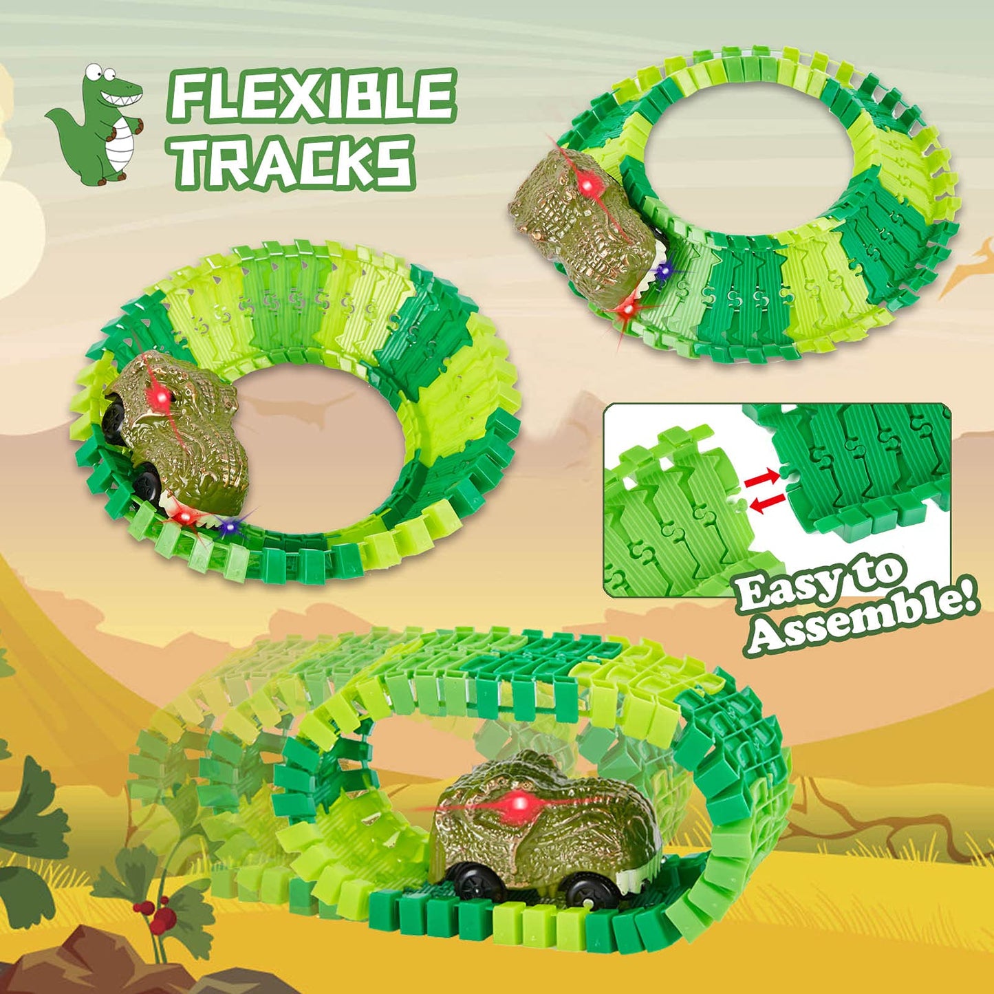 BEMITON Dinosaur Race Car Track Set - 273+ Pcs ABS Toys for Kids, Blue, Model 668-27A, Perfect Christmas Birthday Gifts for Ages 3-7