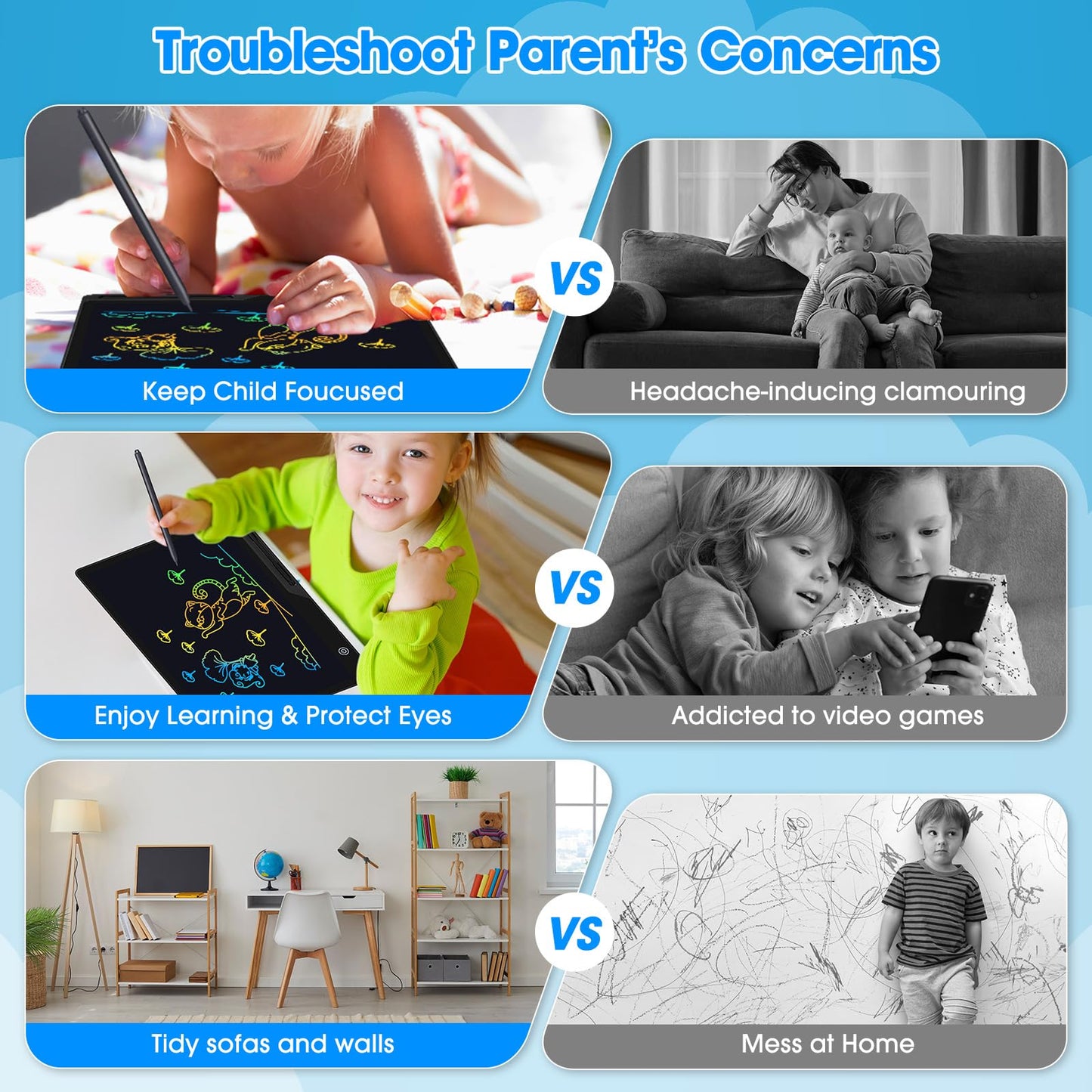 POPERFUN 16 Inch LCD Writing Tablet for Kids, Rechargeable Erasable Doodle Board Colorful Toddler Drawing Pad, Preschool Learnin