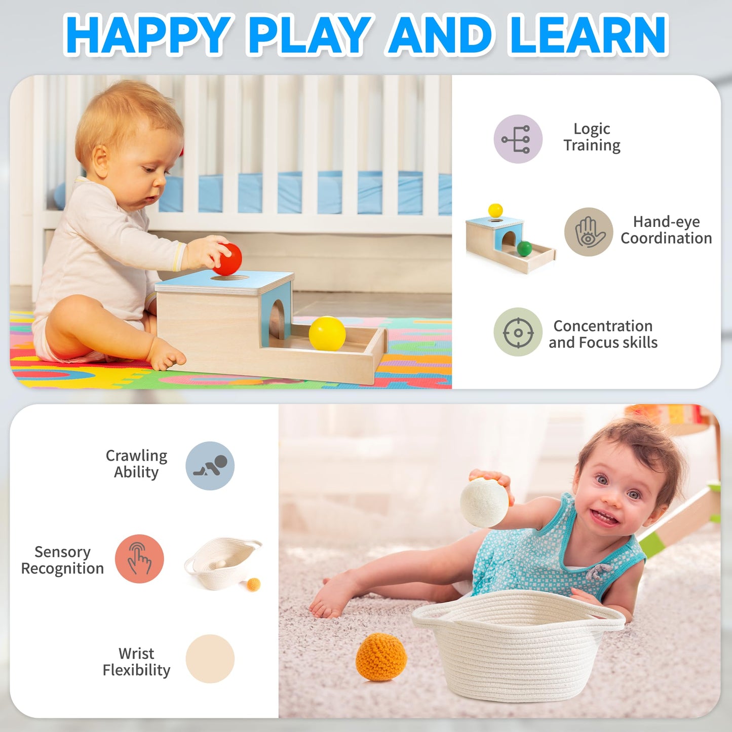 Woodmam Montessori Toys For Babies 6-12 Months, 9 In 1 Educational Wooden Toys Set, Includes Object Permanent Box, Stacking Cups, Mirror Puzzle, Ring Stacker And More