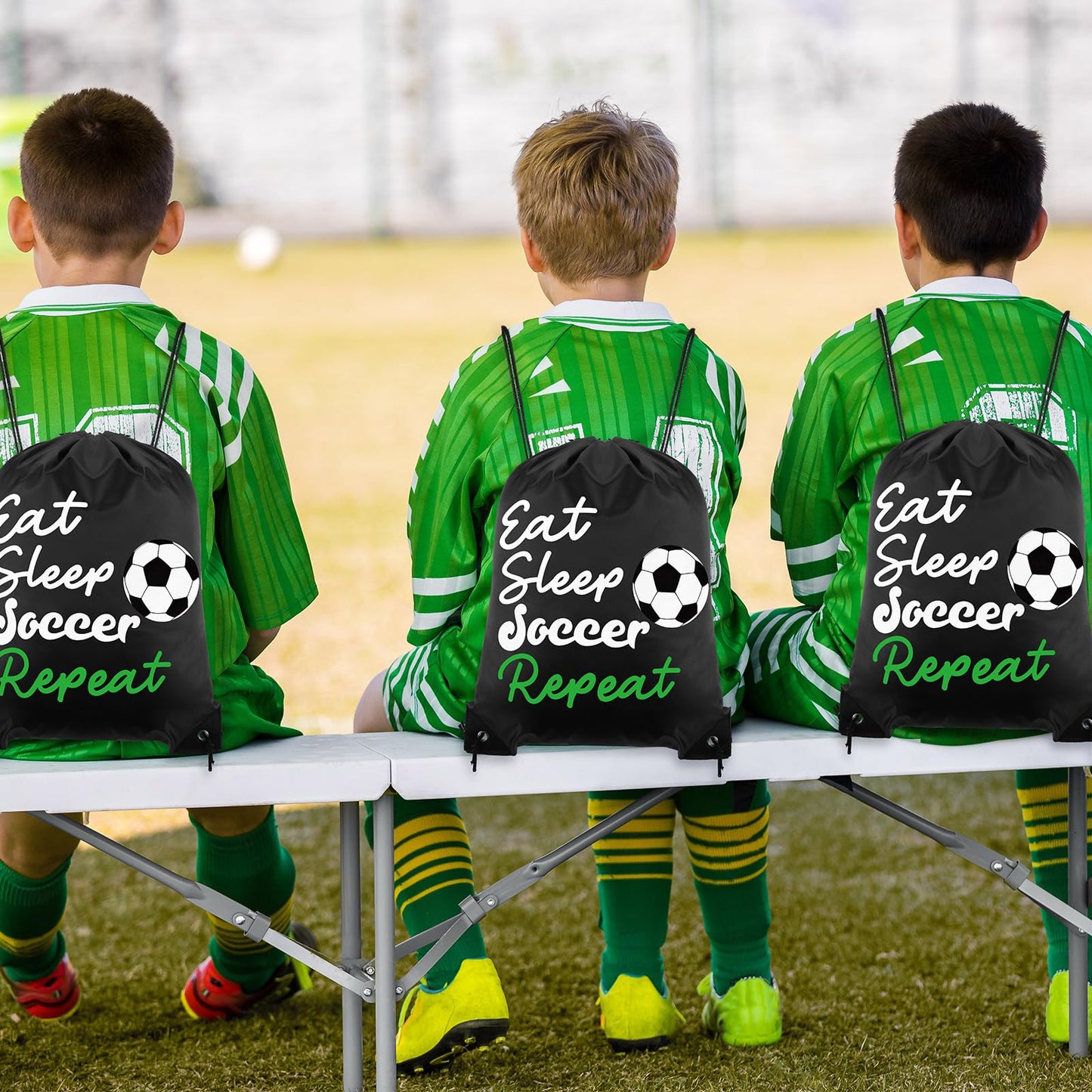 MiniInflat 96 Pcs Soccer Party Favors Include 24 Soccer Drawstring Bags, 24 Soccer Keychain, 24 Silicone Soccer Bracelets, 24 Mi