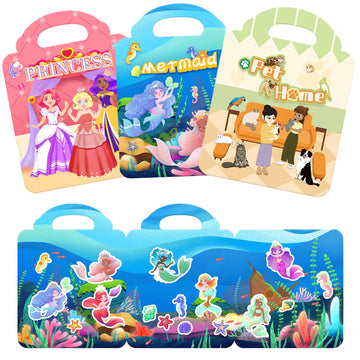 Sticker Books For Kids, Reusable Sticker Book For Toddlers 2-4 Years, 3 Sets Travel Stickers For Kids Mermaid, Princess And Pet Cute Waterproof Sticker Book For Girls Boys Birthday Gifts