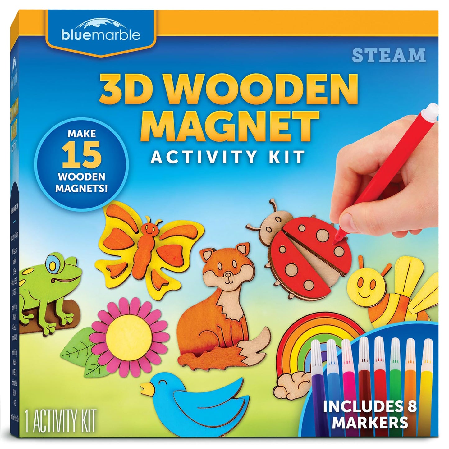 Blue Marble Wooden Magnet Craft Kit - Create & Paint 15 Nature-Themed Magnets with 8 Watercolor Pens, Magnet Art Kit, DIY Magnet