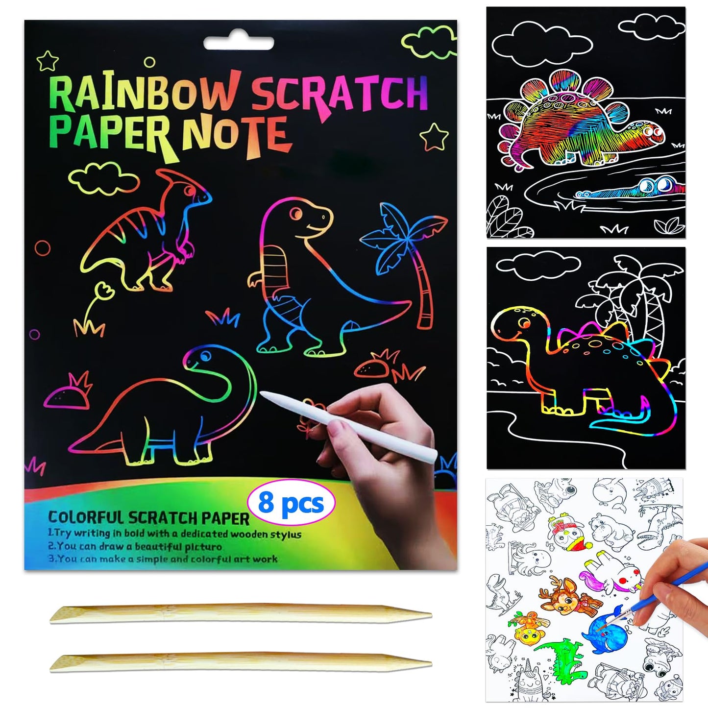 JUNQIU Scratch Art for Kids, Rainbow Scratch Paper Art Set - Dinosaurs, Arts and Crafts for Kids Ages 4-8 Girls Boys, Kids Activ