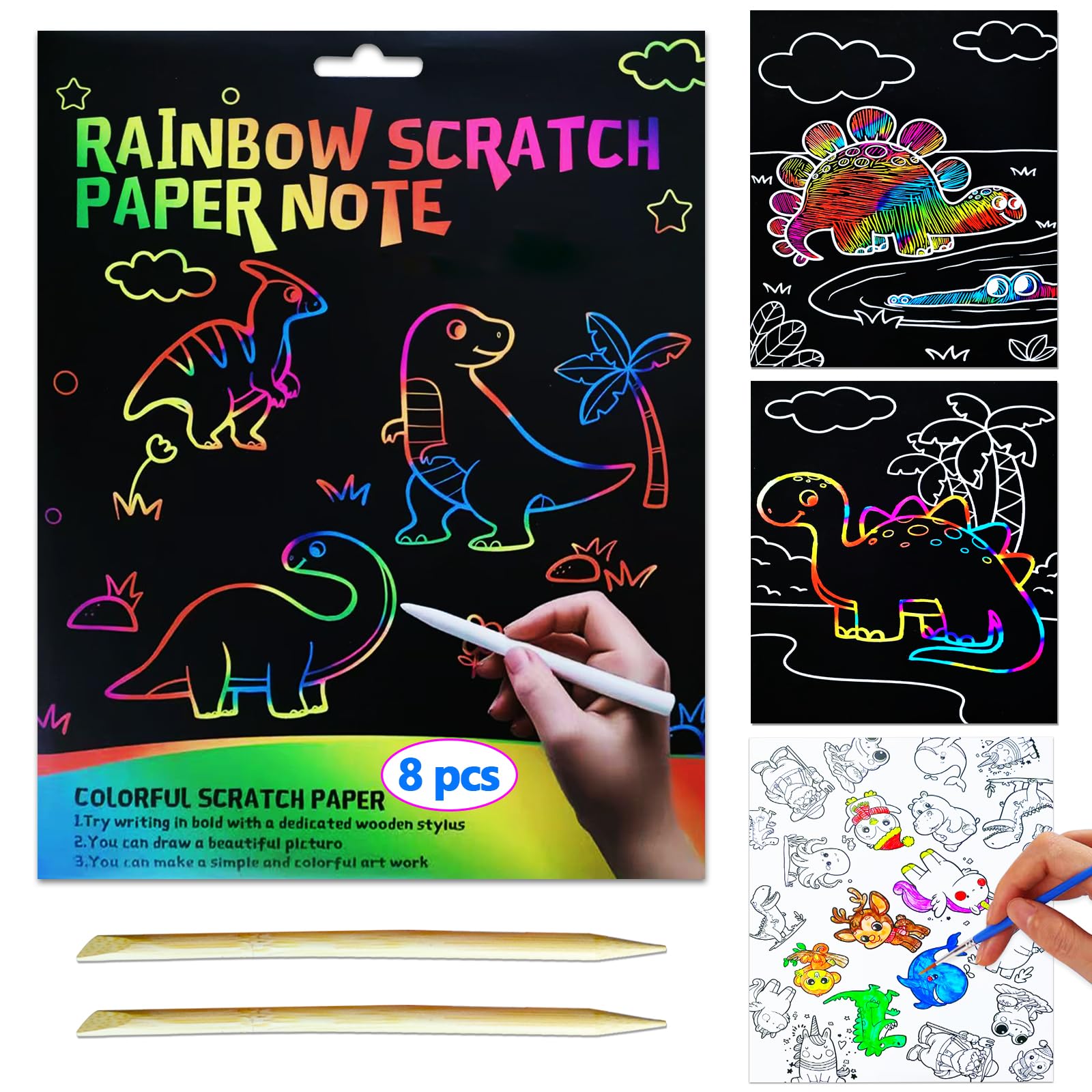JUNQIU Scratch Art for Kids, Rainbow Scratch Paper Art Set - Dinosaurs, Arts and Crafts for Kids Ages 4-8 Girls Boys, Kids Activ