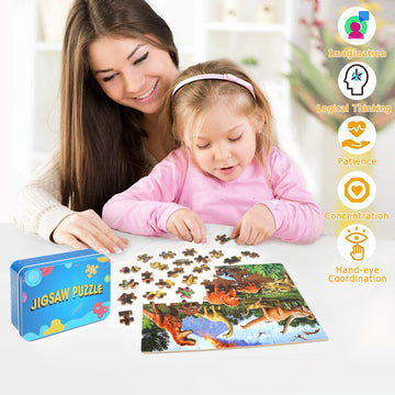 Lelemon Dinosaur Puzzles For Kids Ages 4-6,Puzzle 100 Piece Puzzles For Kids In A Metal Box, Educational Kids Puzzles Jigsaw Puzzles 100 Piece Puzzle Games Puzzle Toys For Girls And Boys