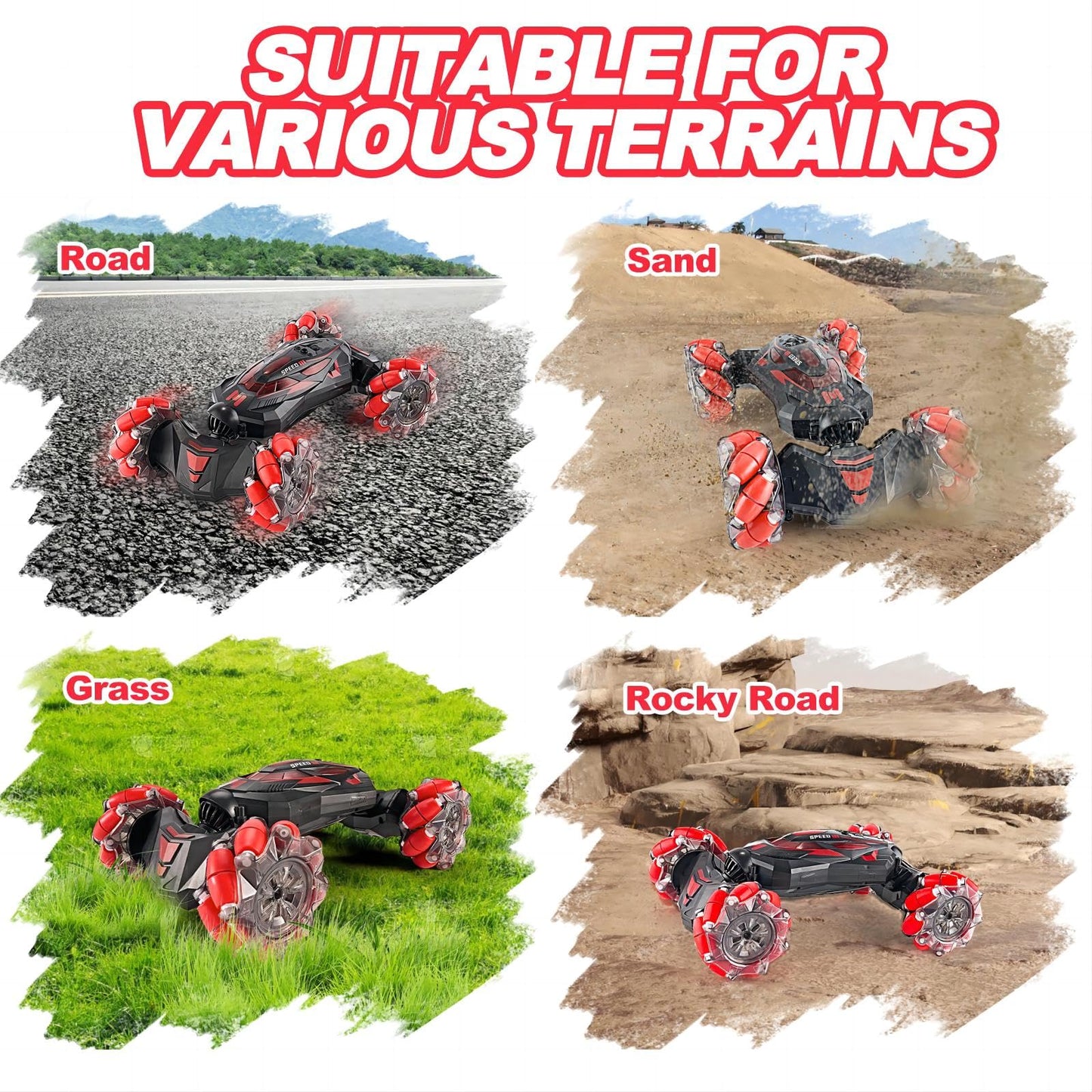 WJWMIRC 1:10 Remote Control Stunt Car 4WD 2.4 GHz Hand Gesture Sensing RC Crawler Vehicle 360 Flips with Lights Music Spray Birt