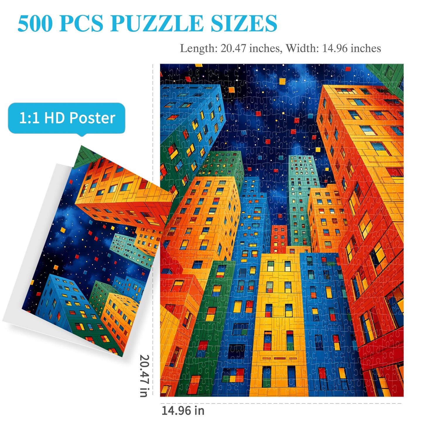 All4Jig Geometric City Fun Jigsaw Puzzles For Adults And Kids, 500 Pieces, 20.47'' X 14.96'', Christmas Secret Santa Gift, White