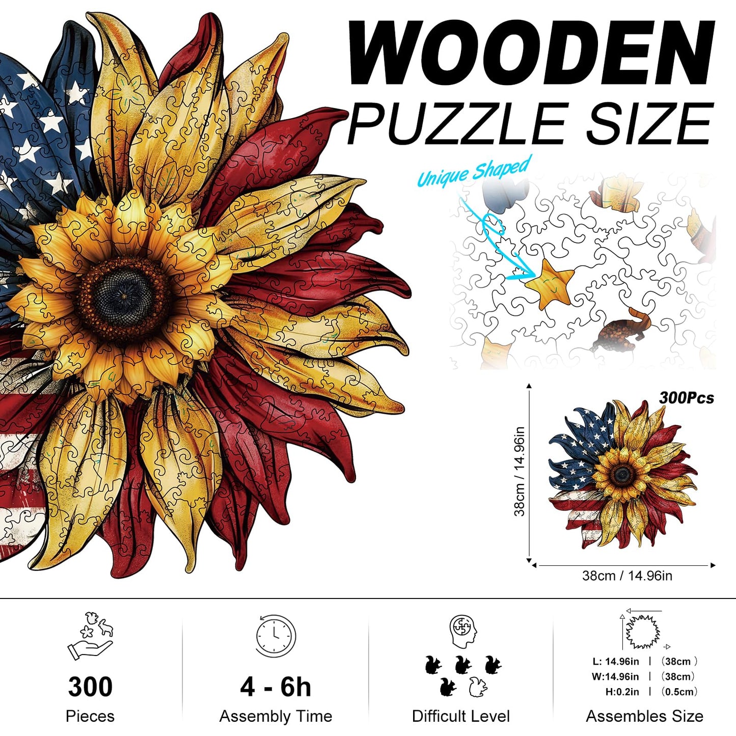 American Flag Sunflower Wooden Puzzles for mature-themeds  300pcs Wooden Jigsaw Puzzles for mature-themeds  Unique Shaped Jigsaw Puzzles Creative Gift for Friend Family Game Large Size 15'' x 15''