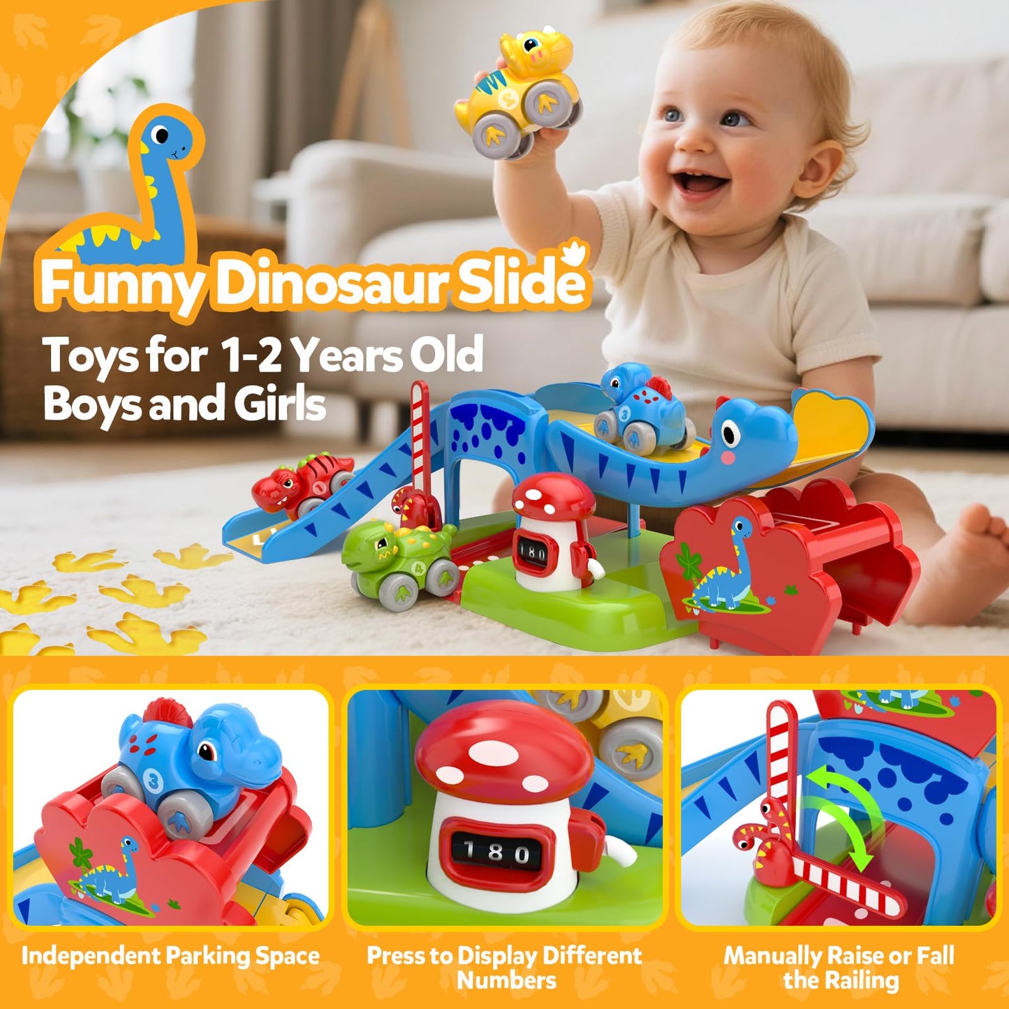 Toddler Toys for 1 2 Year Old Boy Gifts - Educational Dinosaur Slide Set with 4 Color/Number Push Cars and Playmat, Montessori L